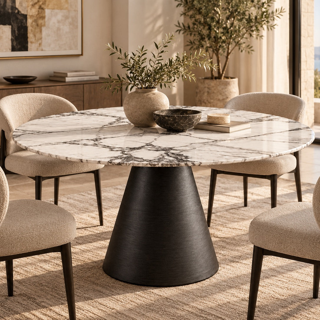 Mesa de comedor redonda de mármol con sillas tapizadas