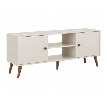 Mueble de TV blanco con patas de madera