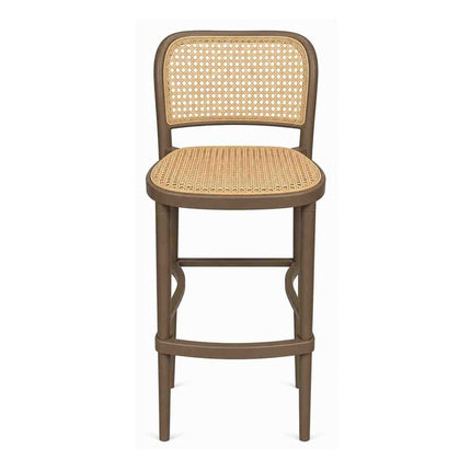 Taburete alto de madera con respaldo de rejilla